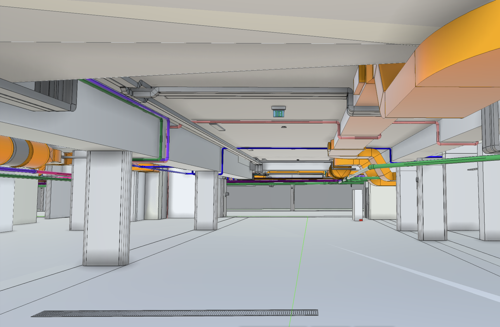 מודל BIM של חניון תת־קרקעי עם מערכות מתואמות